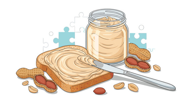 Composition of a peanut butter jar, a slice of bread with spread, and various peanuts in shells and kernels on a white background.
