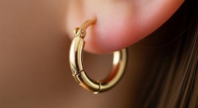 A close-up of a classic, polished gold small hoop earring (huggie style) worn on an earlobe