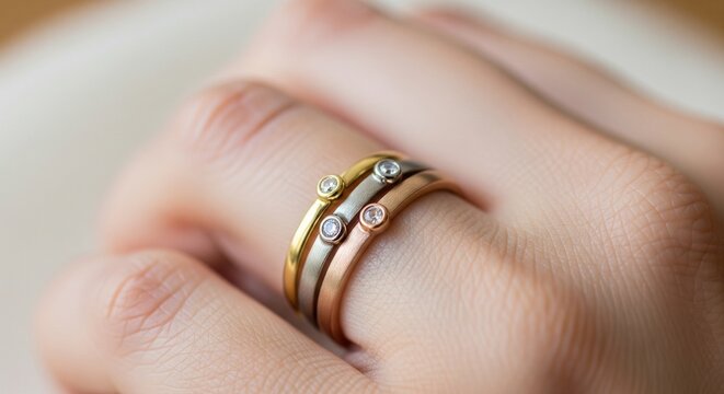 Three thin, minimalist rings in yellow gold, silver, and rose gold stacked on a person's finger, each featuring a small inset diamond