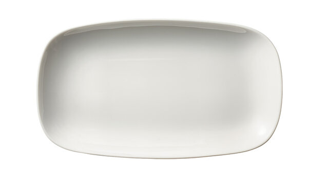 Empty white rectangular ceramic serving platter with rounded corners, isolated on transparent background