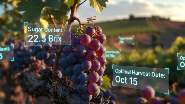 Vineyard Grapes with Digital Brix and Harvest Date Overlay