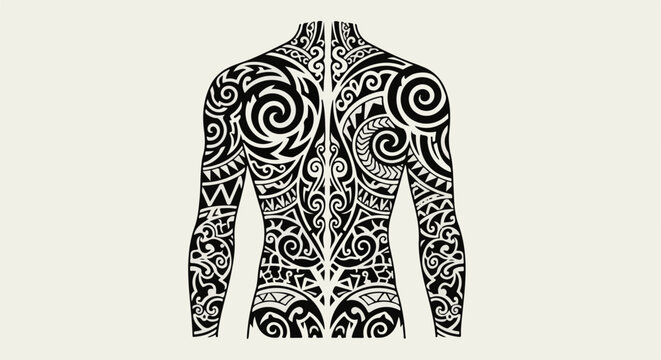 Intricate black tribal tattoo art covers entire back and arms