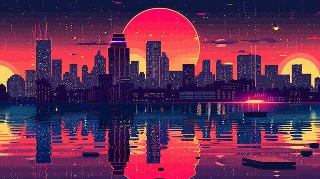 Pixelated cityscape at sunset with vibrant colors and water reflections