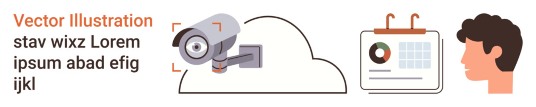 Data security, cloud computing, analytics tracking, online privacy, remote surveillance, information management. Surveillance camera, cloud calendar with graph human profile. Data security