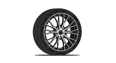 Obraz premium A single black car tire with a multi-spoke silver and black alloy rim is depicted in a realistic flat illustration style on a pure white background.