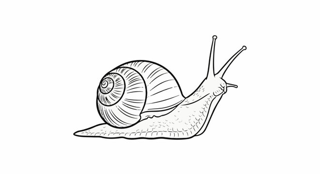 Detailed line drawing of a snail with a coiled shell and antennae