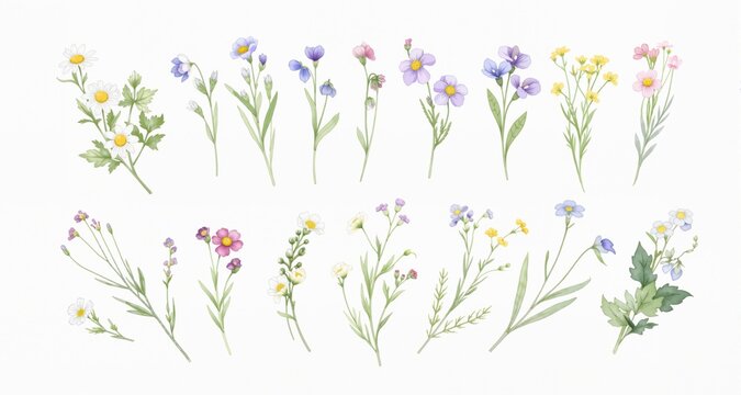 watercolor arrangements with small flower. Botanical illustration minimal style.
