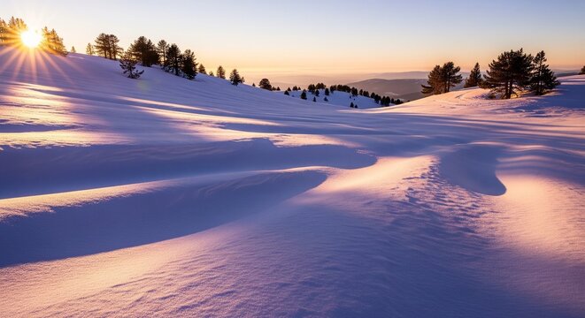 A breathtaking wide-angle shot of a snowy mountain plateau at sunset. The low sun creates long, dramatic shadows across the rippled snow surface, highlighting the texture of the winter landscape