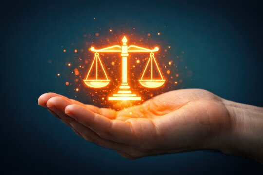 Justice balance scale glowing in hand legal concept fairness law compliance digital symbol