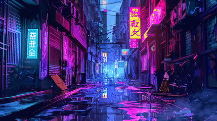 Neon lit city street at night with futuristic signs and building reflections © Mangku