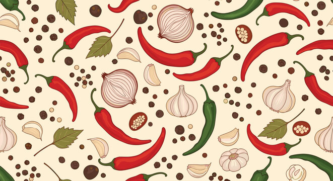Savory seamless pattern with chili peppers onions garlic cloves and black peppercorns for kitchen and food design.
