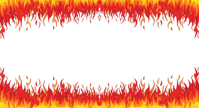 A vibrant border of red and yellow flames with intricate wavy patterns extends across the top and bottom edges, leaving a wide white central space.