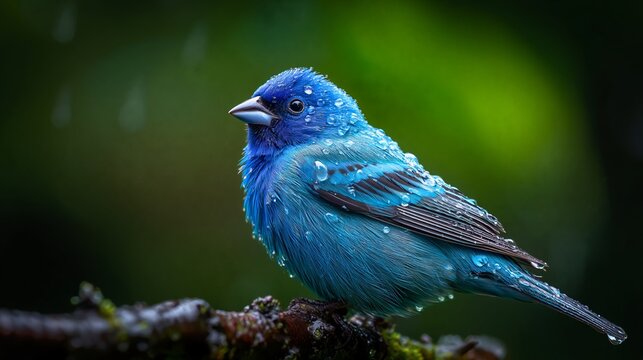 Vibrant blue bird perched on a branch, covered in droplets of water, with a blurred green background creating a natural habitat setting