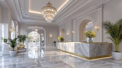 Fototapeta premium Elegant Lobby: Experience the timeless elegance of a luxurious lobby. Marble floors and intricate architectural details showcase the sophistication and style.