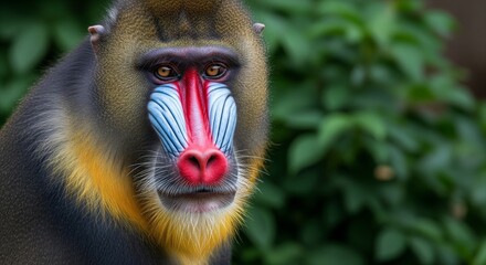 A close-up portrait of a male Mandrill showing its distinctive colorful face with a bright red nose and blue ridged cheeks. The primate is framed against a soft-focus background of lush green foliage