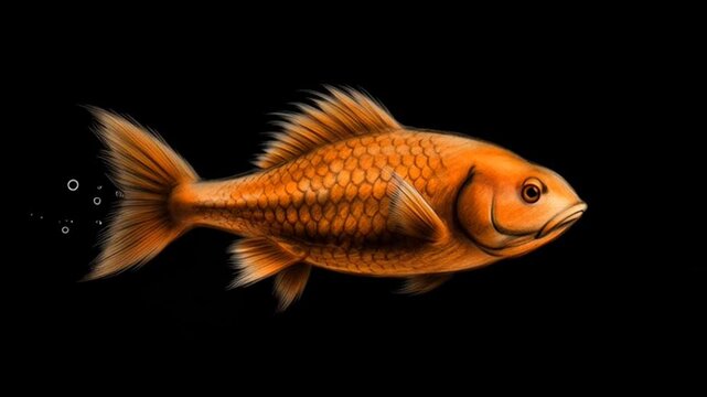 Orange fish on black background swimming.