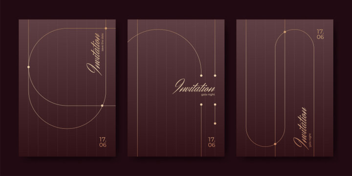 Elegant invitations set with golden lines on black background. Vector realistic illustration of premium card designs collection, luxury event flyer layout with gatsby style pattern, vip menu frame