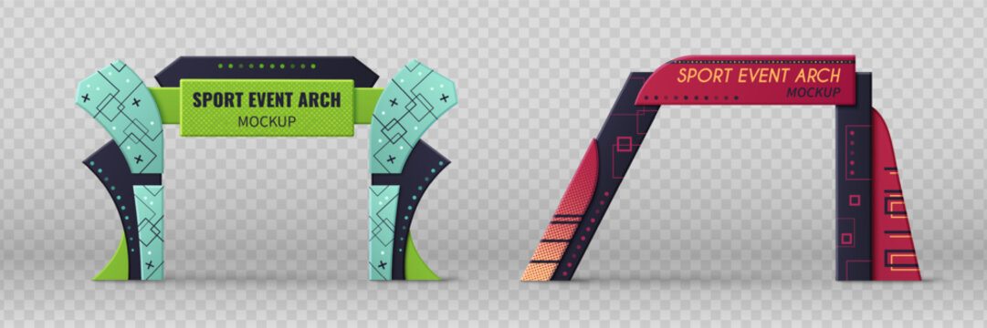 Sport event arch mockup set isolated on transparent background. Vector realistic illustration of color marathon gate with space for branding, start or finish banner design, welcome frame