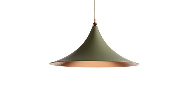 Olive green metal pendant lamp with copper interior, isolated on transparent background