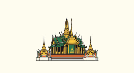 Obraz premium Ornate temple with tiered roofs, spires, and a vibrant color palette on a cream background