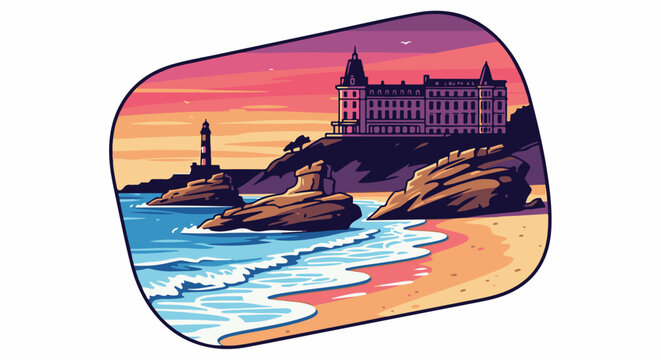 Coastal sunset scene with a grand hotel and lighthouse on cliffs