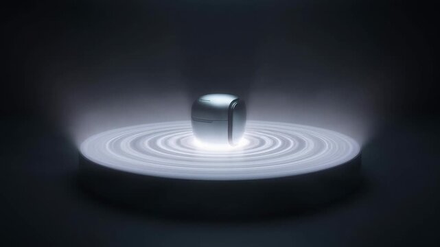 A metallic cube sits on a glowing circular platform with concentric rings in a dark room