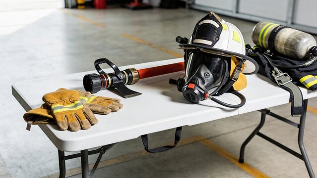 Firefighter equipment on a table includes a helmet, gloves, and a hose. The setting is a fire station with a clean, organized background.