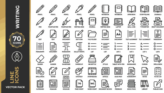 A collection of line icons for writing and office work on a white background Ai, eps, jpg, transparent background, eps