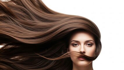 Naklejka premium Beautiful woman with long flowing healthy brown hair isolated on white background