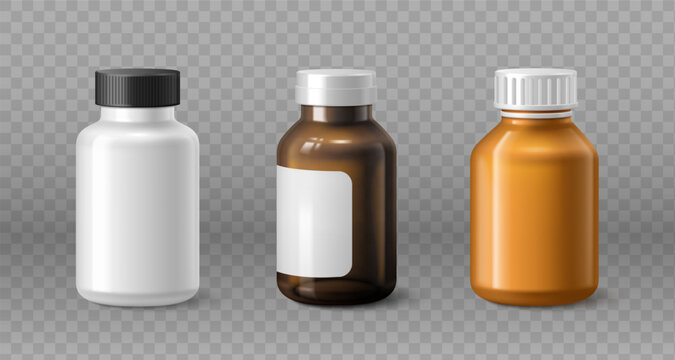Plastic bottle mockup with cap for supplements, vitamins, or pharmaceutical products. 3D realistic vector srt of illustrations isolted on transparent background, container design, glass medicine jar