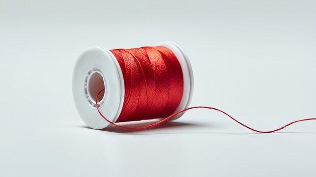 Red sewing thread spool with shiny satin finish and loose thread on a white background, ideal for crafting, tailoring, and sewing projects