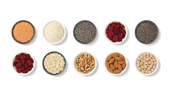 Ten small bowls containing diverse dry food ingredients such as lentils, quinoa, and nuts are arranged in rows on a white background from a top-down view.