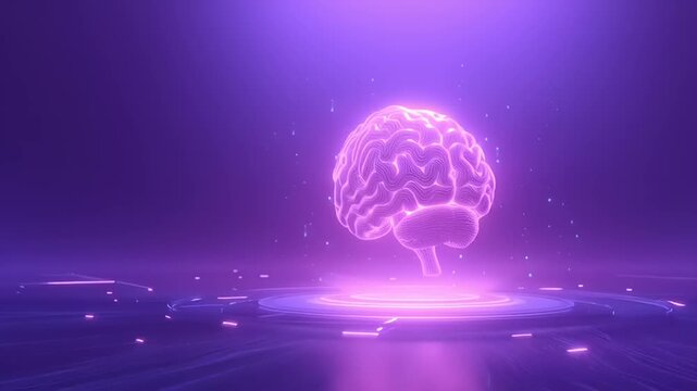 Futuristic glowing brain hologram emitting purple light with digital connections and abstract background