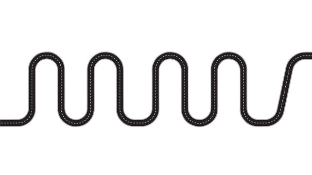 Road track with multiple U-turns and dashed white lines on a white background, representing a winding path.