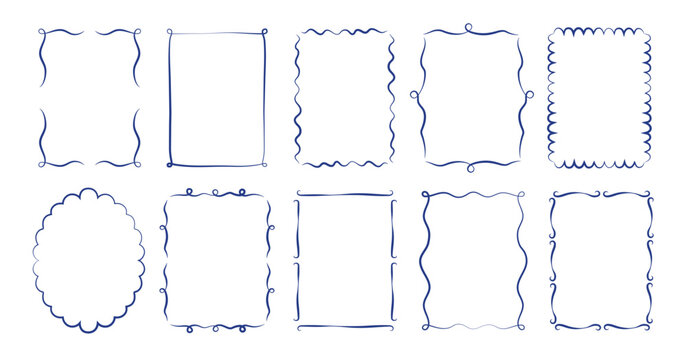 Coquette frames and borders set in hand drawn vintage doodle style. Whimsical and elegant frames and borders in italian sea coastal style.