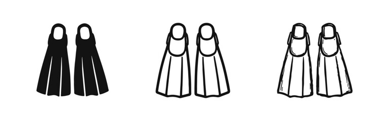 Swim fins icons set in solid, outline, and hand-drawn doodle styles for underwater diving and aquatic activities. © drawing lines