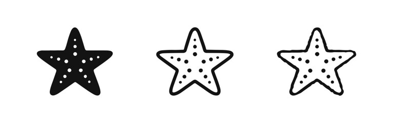Obraz premium Starfish icons set in solid, outline, and hand-drawn doodle styles for marine life and beach-themed designs.