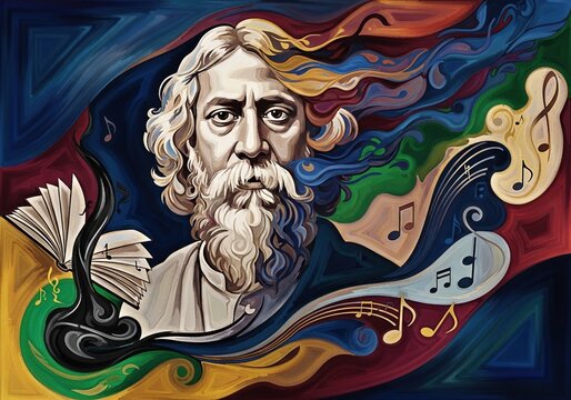 Elegant Illustration of Rabindranath Tagore with Pastel Gradient Background &ndash; Poet Philosopher Artwork