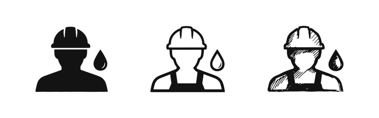 Fototapeta premium Oil worker icon set with hard hat and liquid drop, representing petroleum industry and energy production roles.
