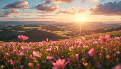 Fototapeta premium Beautiful wildflower field with pink flowers blooming under warm glowing sunset light on rolling hills