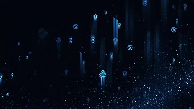 Abstract dark blue background with floating glowing geometric shapes and particles, creating a futuristic and digital motion graphic effect