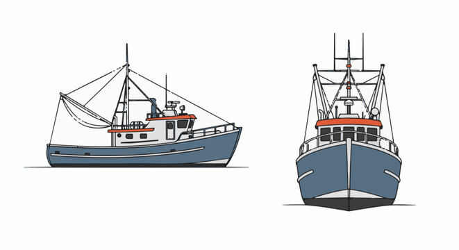 A fishing boat is shown from its side and front on a white background