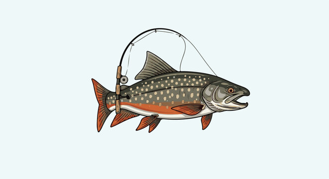 Speckled trout hooked on fishing rod, isolated on pale blue background