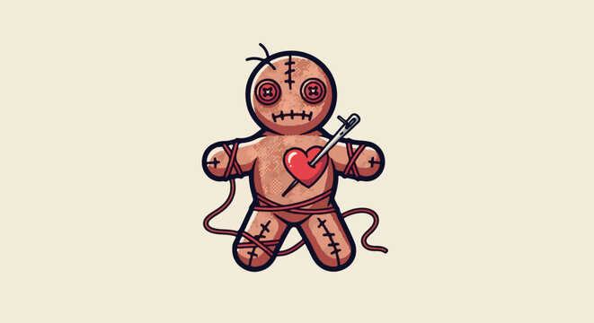 A voodoo doll with a needle piercing its heart and wrapped in string