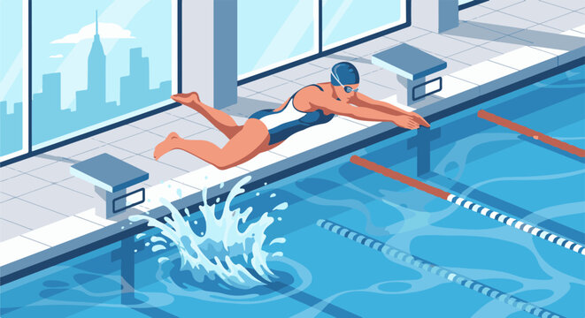 Swimmer dives into a pool with a cityscape visible through the windows