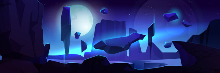 Alien planet landscape with rocky mountains and starry sky. Fantasy space vector background for game design. Futuristic surface scene, cosmic valley with flying rocks, galaxy and moon view. © klyaksun