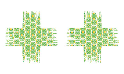 Obraz premium Green Floral Pattern Crosses With Distressed Grunge Tile Motif And Symmetrical Decorative Plus Symbols