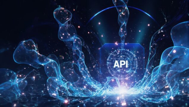 Abstract Digital Representation of API Integration and Data Flow.