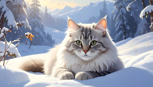 A fluffy, silver and white cat rests serenely in deep snow amidst a snowy forest and mountain backdrop. Gentle sunlight bathes the scene