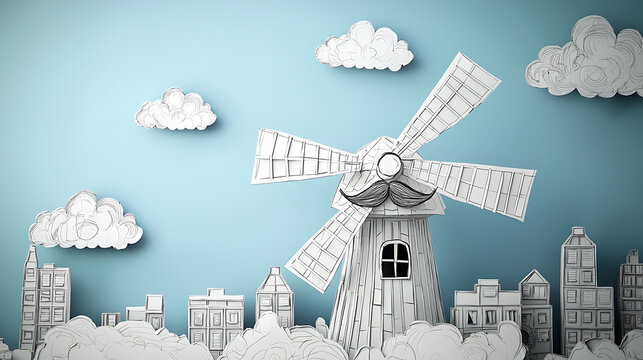 A large windmill stands prominently amidst a cityscape under a cloudy sky with buildings.